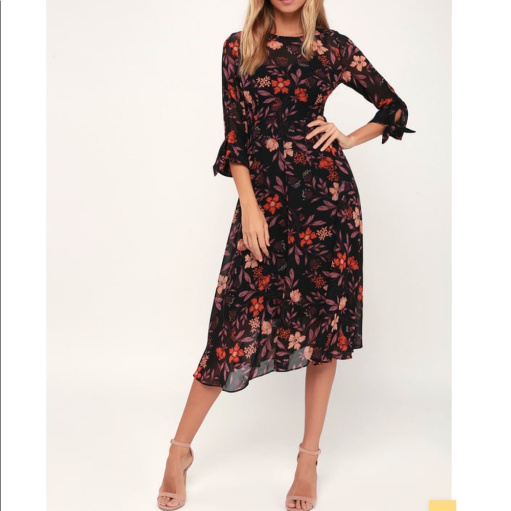 Black Floral Print Midi Dress
